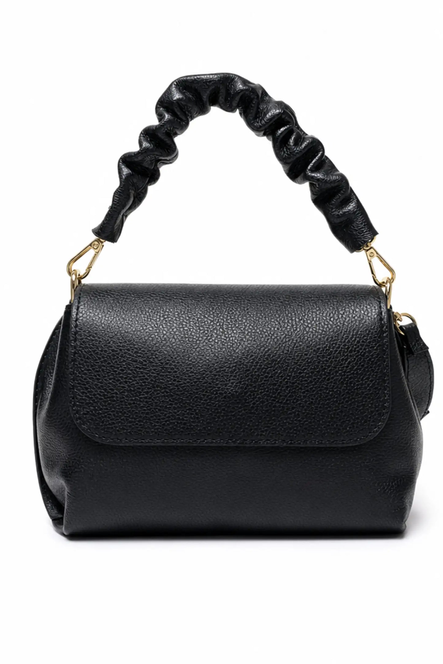 Bolso de mano negro de piel granulada con asa fruncida y detalles dorados