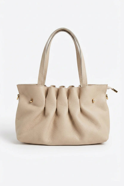 Bolso de mano beige de piel auténtica con pliegues tipo acordeón y asas dobles