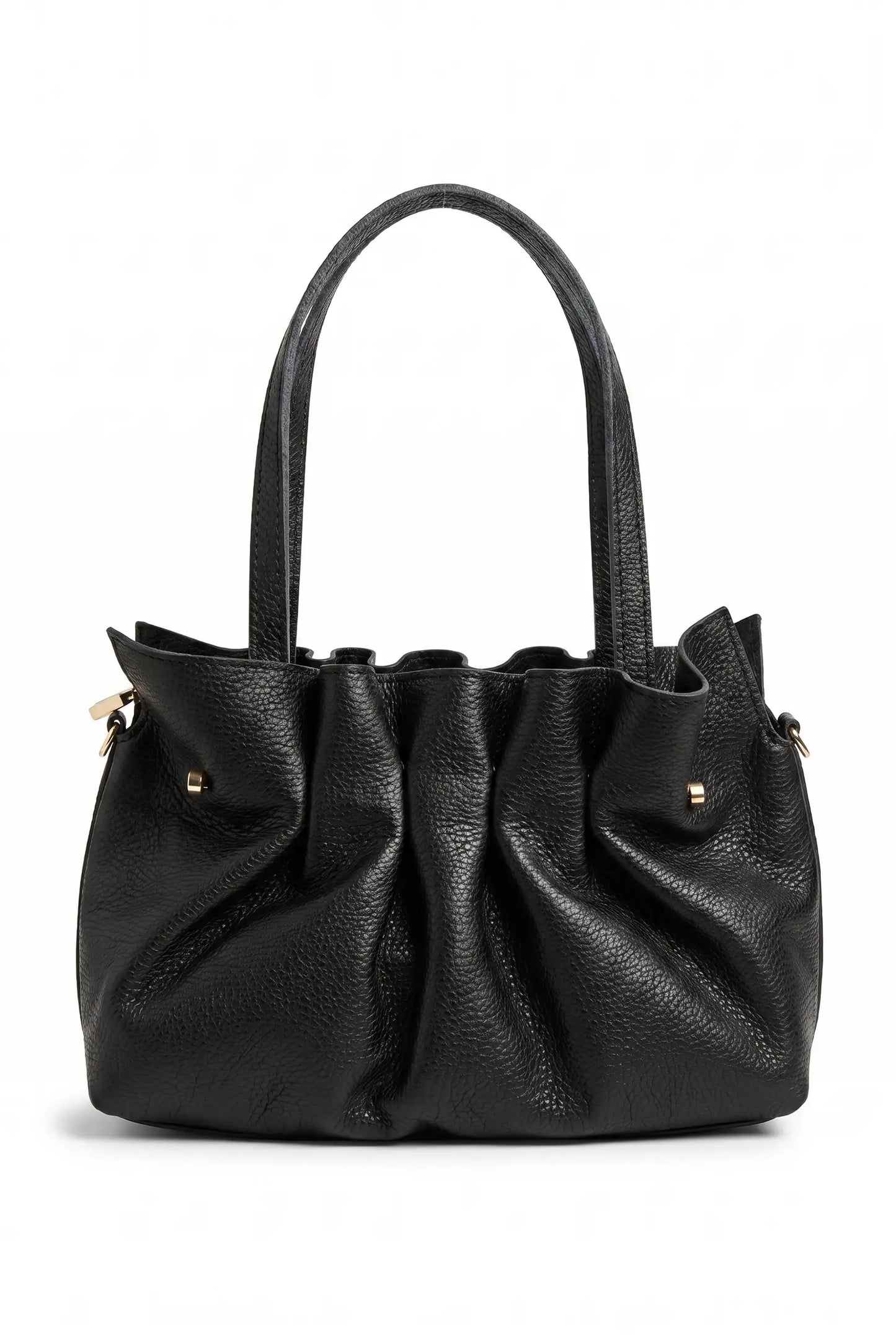Bolso de mano negro de piel auténtica con diseño acordeón y asas dobles, estilo casual femenino.