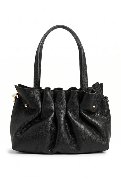 Bolso de mano negro de piel auténtica con diseño acordeón y asas dobles, estilo casual femenino.