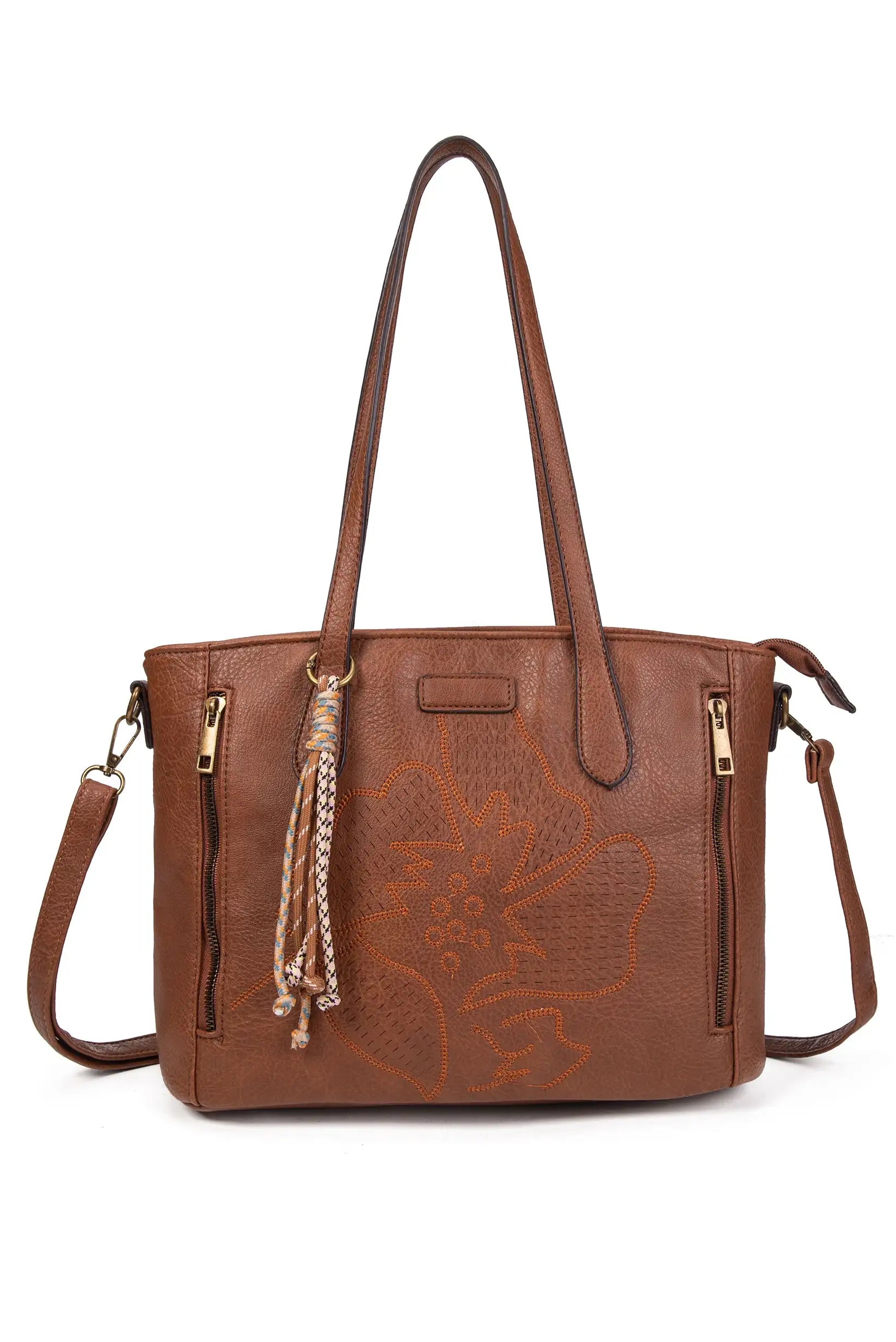 Bolso marrón con flor bordada, asas largas y tassel, ideal para mujer