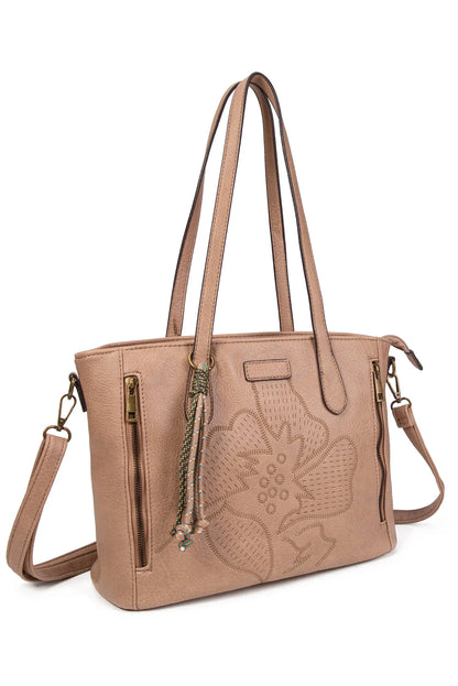 Bolso de mujer beige con flor perforada, asas largas y bandolera ajustable, ideal para moda femenina diaria