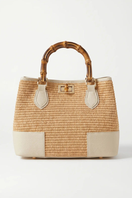Bolso mediano de mano en rafia con piel asas madera