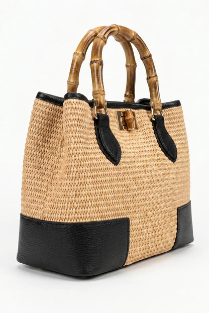 Bolso mediano de mano en rafia con piel asas madera