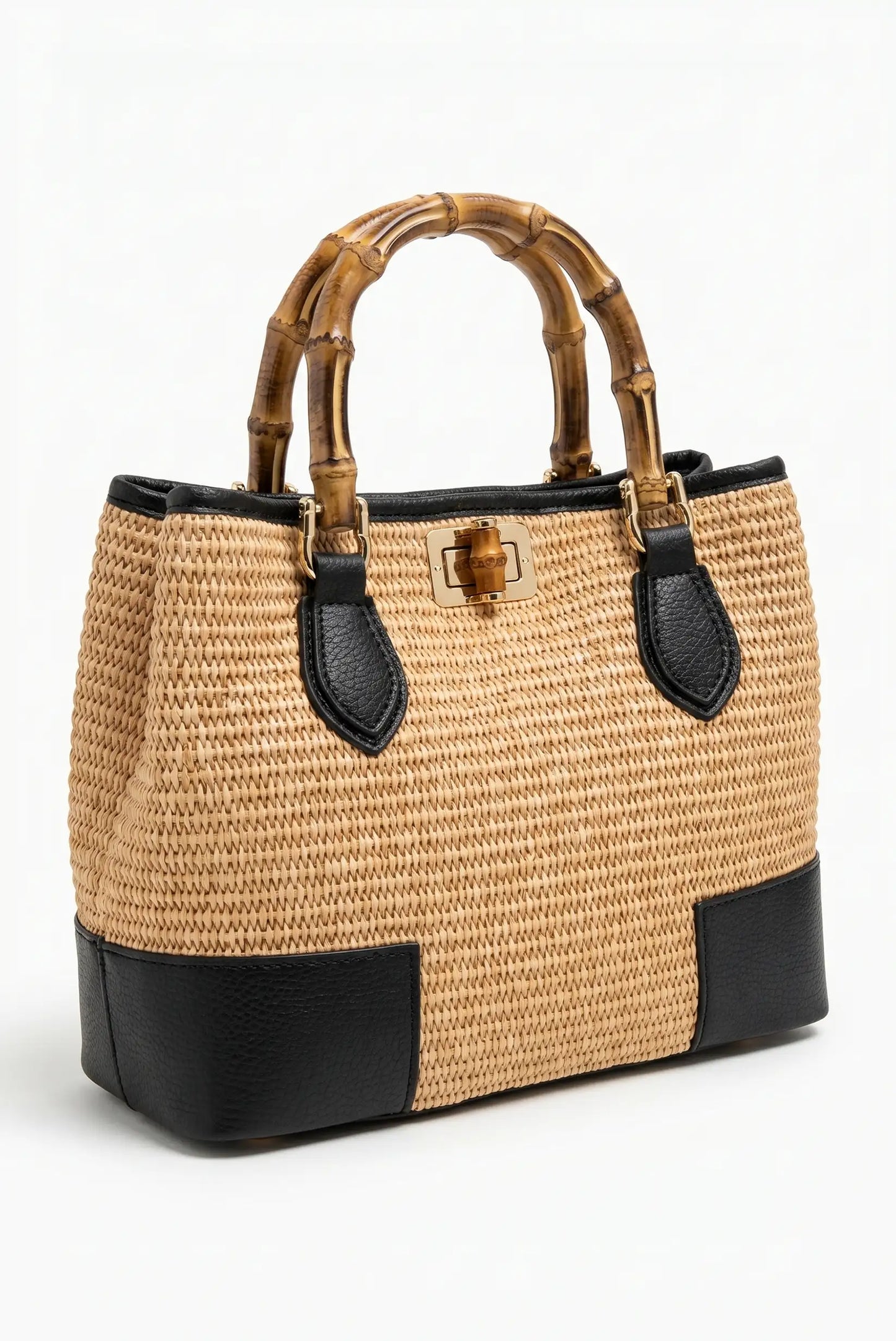 Bolso mediano de mano en rafia con piel asas madera