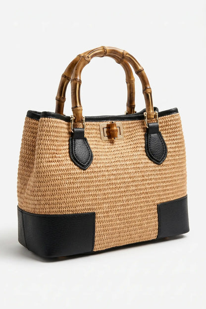 Bolso mediano de mano en rafia con piel asas madera