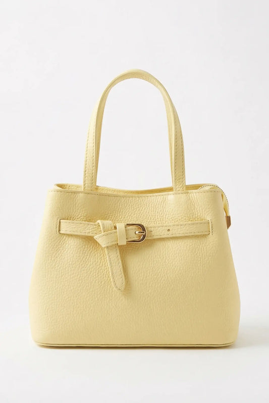 Bolso de mano y bandolera mediano amarillo pastel con asa doble y detalle de hebilla