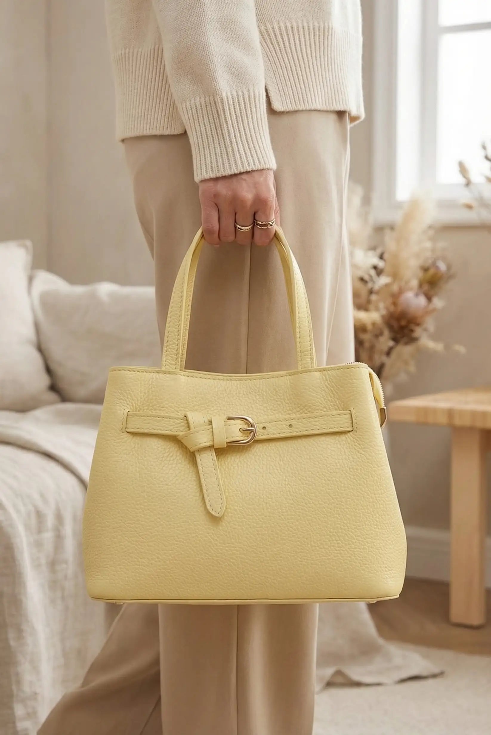 Bolso mediano amarillo pastel de mano y bandolera, estilo casual para mujer, en interior elegante.