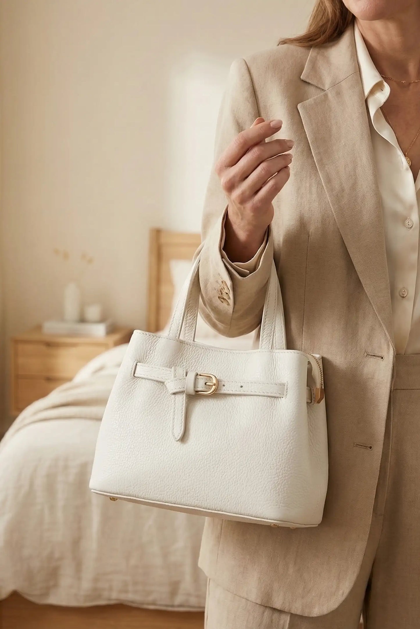 Bolso blanco mediano de mano y bandolera con hebilla dorada, estilo elegante de primavera.