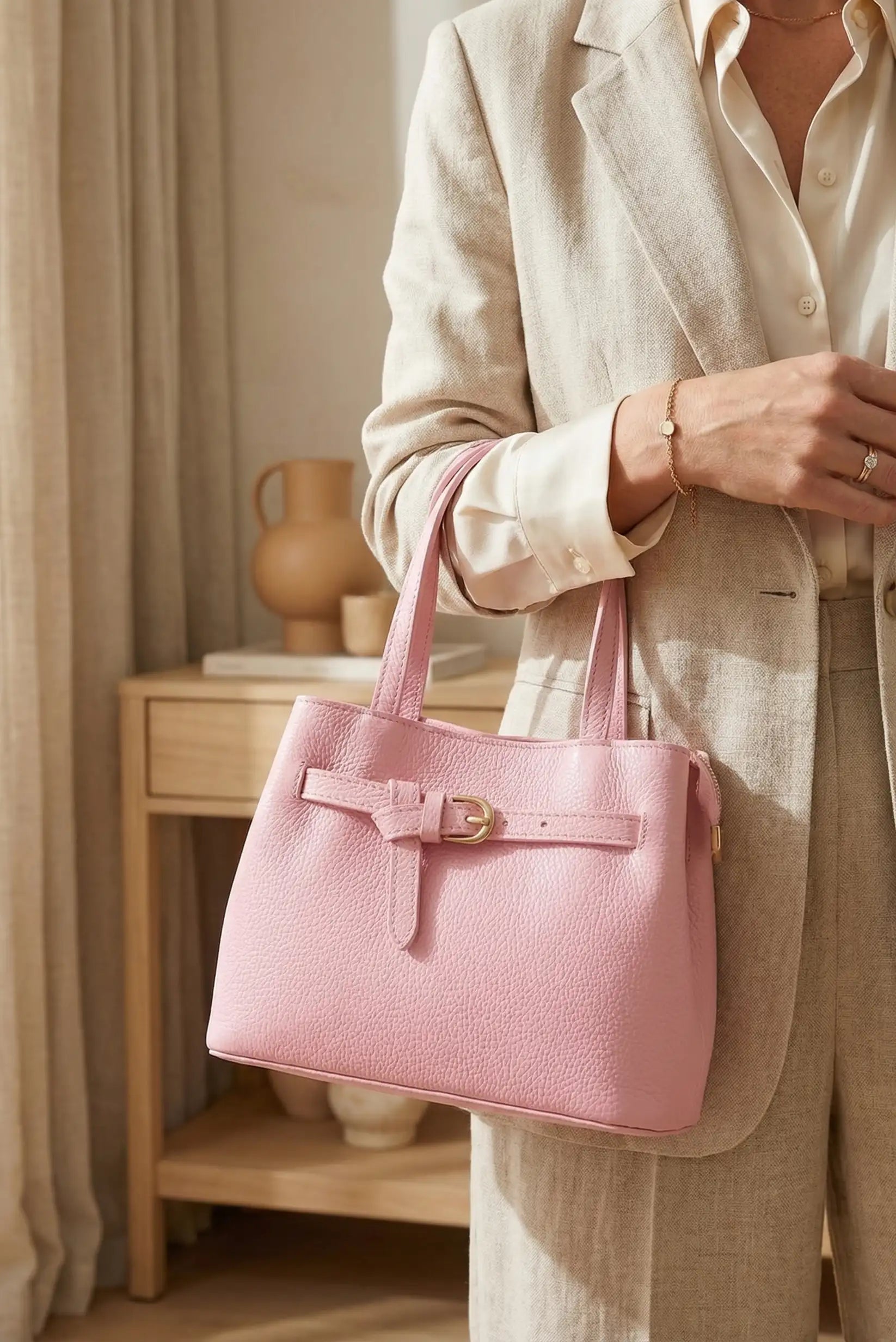 Bolso rosa pastel de tamaño mediano con asa, detalle de hebilla dorada, estilo primavera.