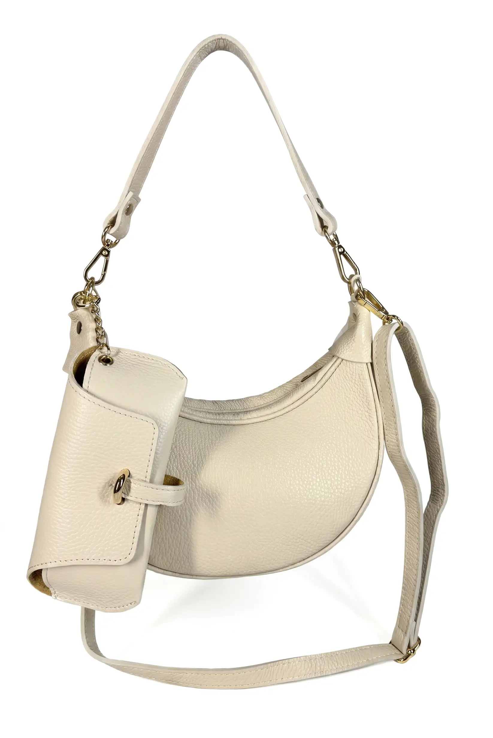 Bolso mediano de piel beige para mujer, con portagafas colgante y herrajes dorados.