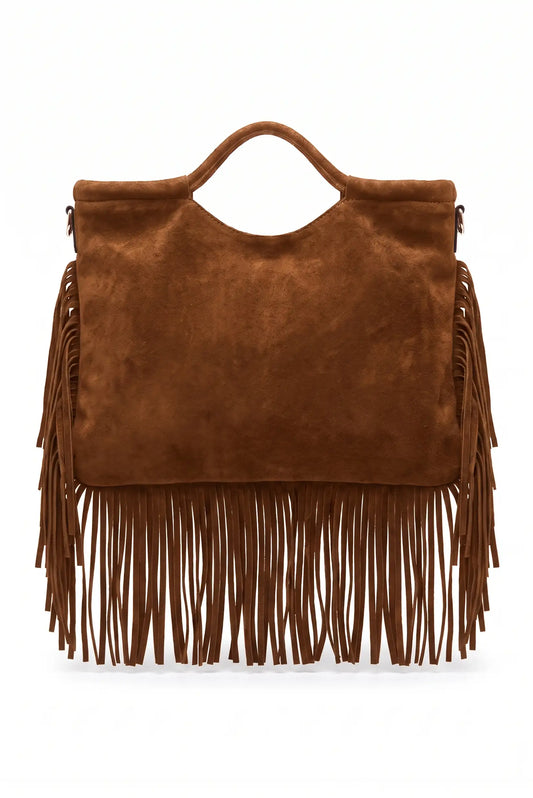 Bolso de mujer camel tipo ante con flecos y asa de mano de CHICA del Sur