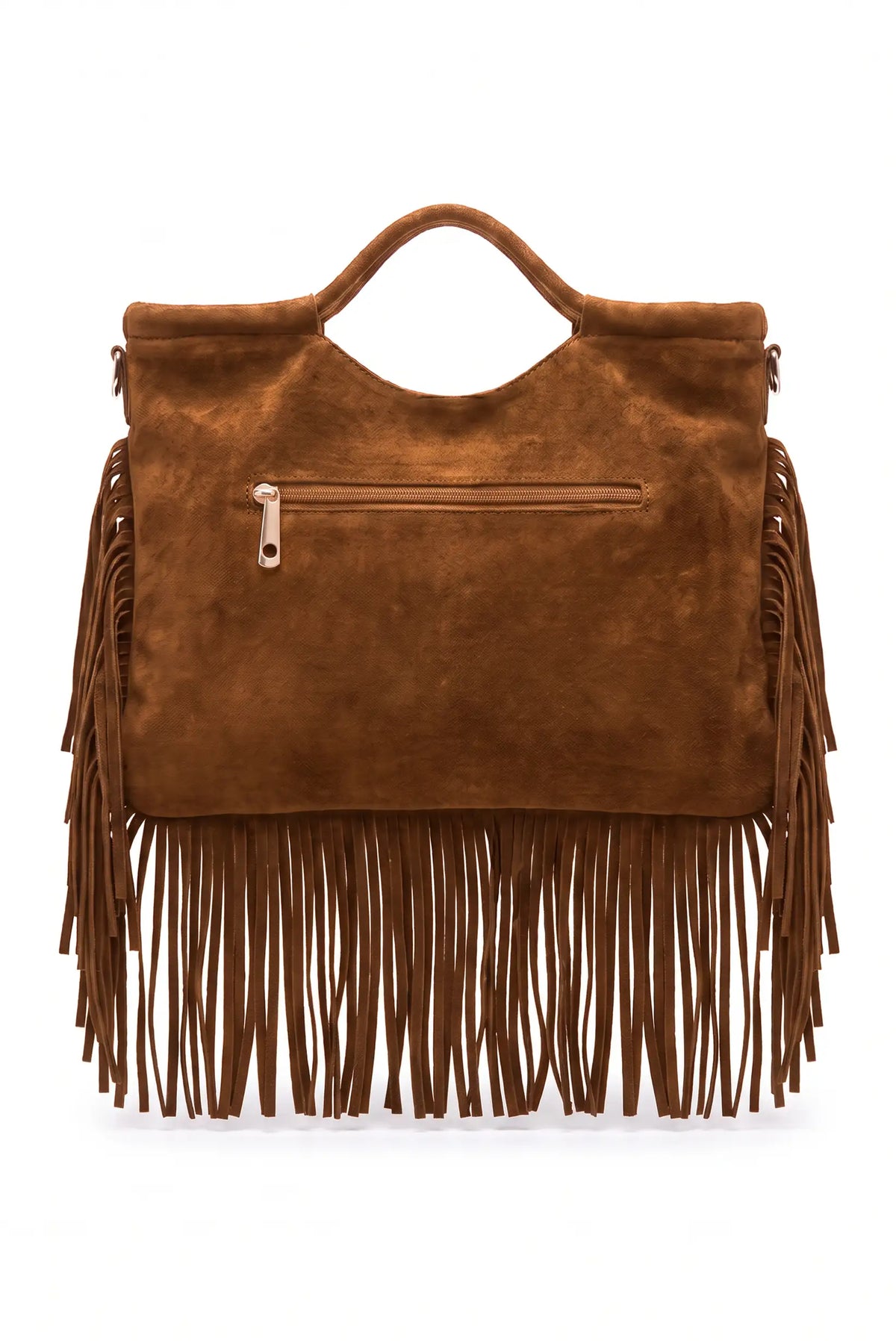 Bolso de mujer camel tipo ante con flecos y asa de mano de CHICA del Sur