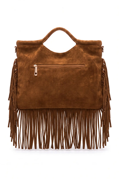 Bolso de mujer camel tipo ante con flecos y asa de mano de CHICA del Sur