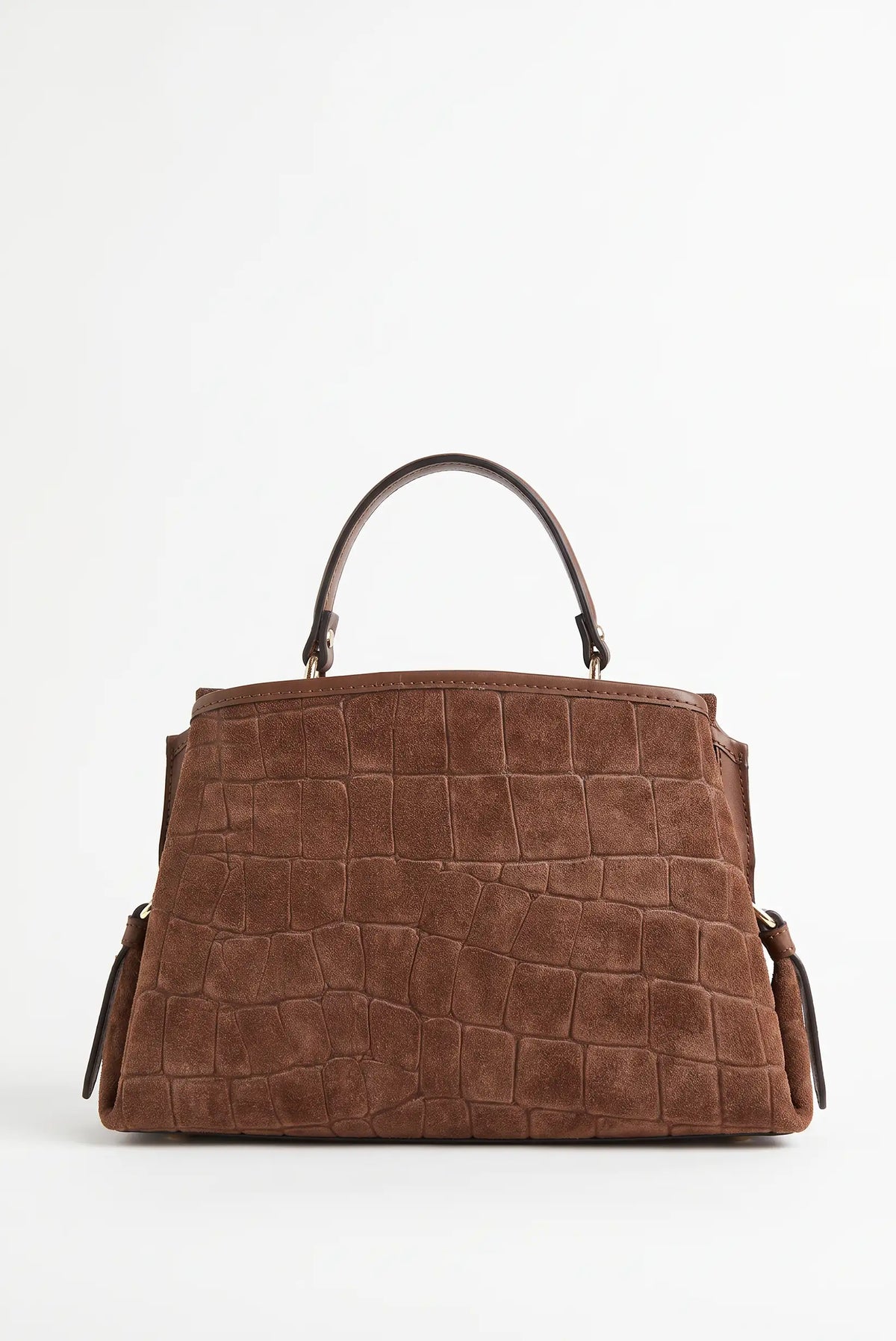 Bolso de mujer CHICA del Sur en ante marrón con efecto cocodrilo y asa superior.