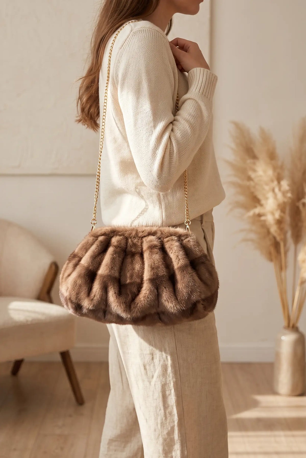 Mujer con bolso clutch de pelo sintético taupe de CHICA del Sur y cadena dorada