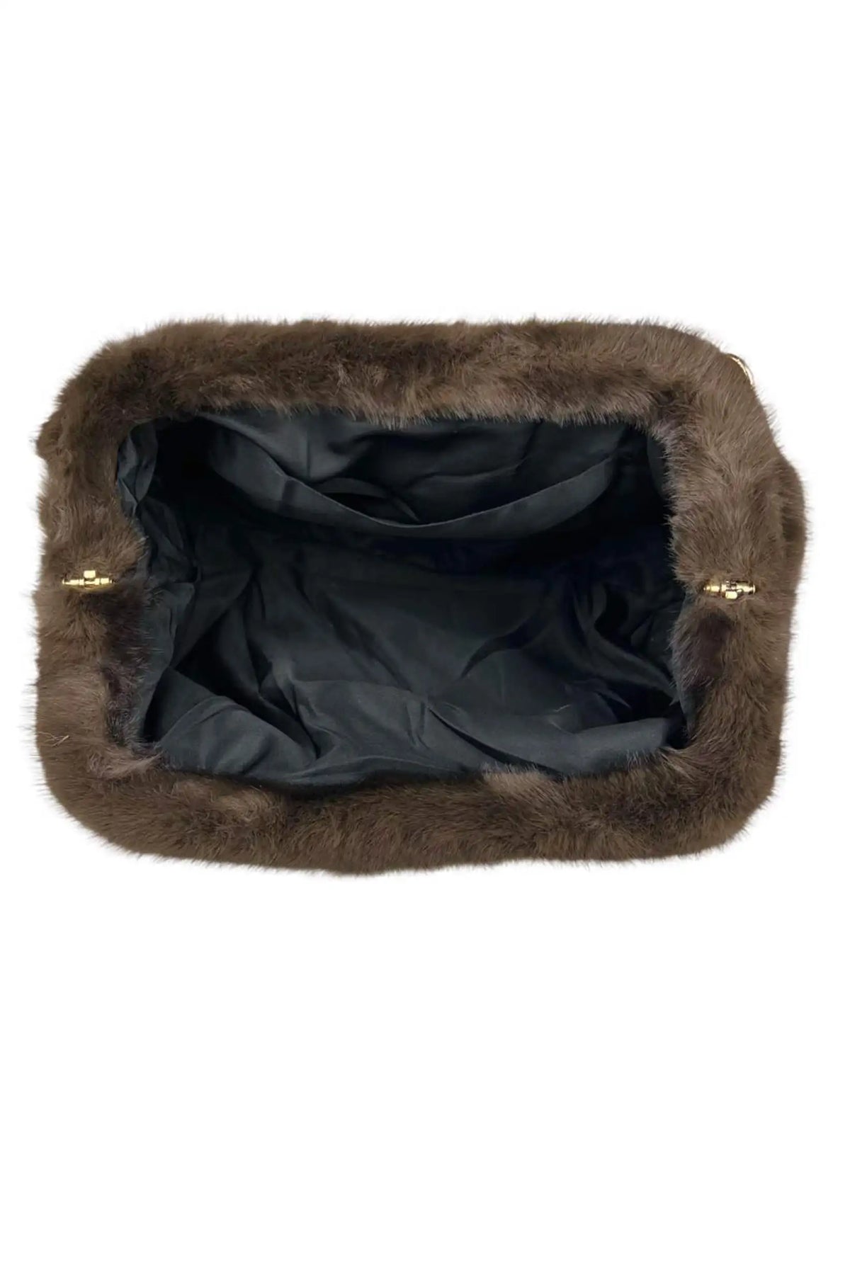 Vista interior de bolso clutch marrón de pelo sintético de CHICA del Sur