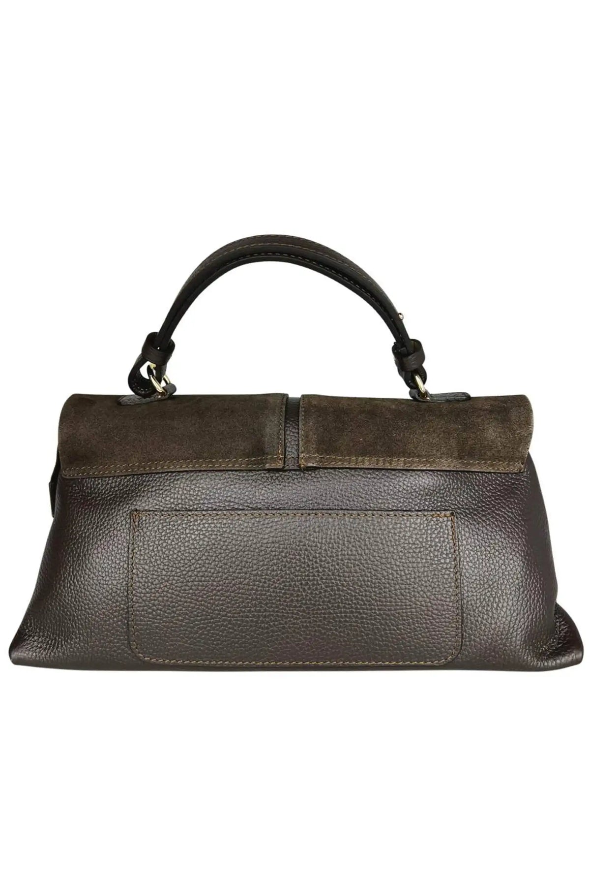 Bolso mediano de piel marrón con solapa de ante y asa superior de CHICA del Sur