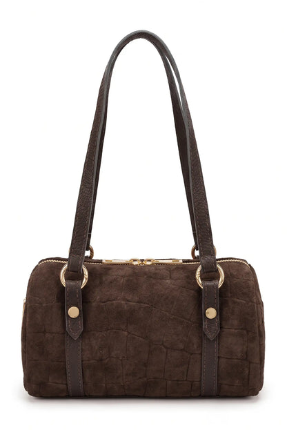 Bolso de mujer marrón chocolate de CHICA del Sur en efecto ante y cocodrilo con asas largas.