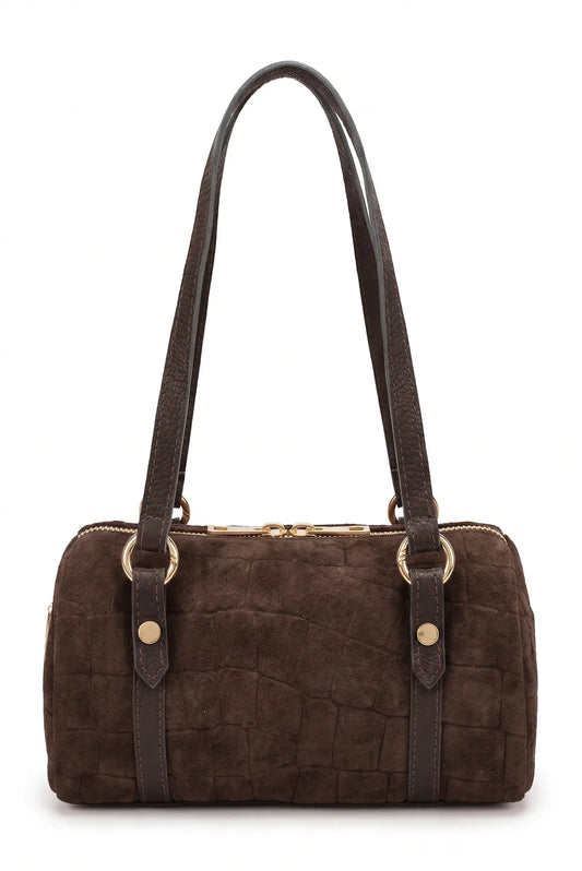 Bolso de mujer marrón chocolate de CHICA del Sur en efecto ante y cocodrilo con asas largas.