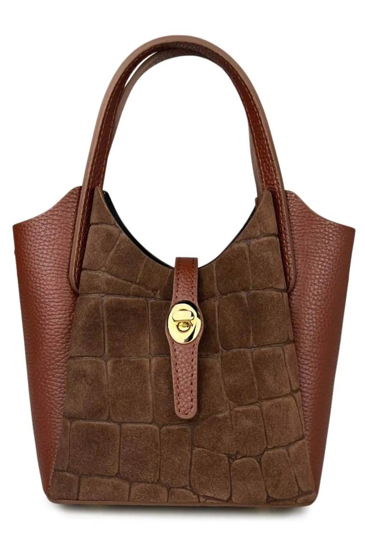 Bolso mini shopper de piel marrón con efecto croco y asa corta de CHICA del Sur