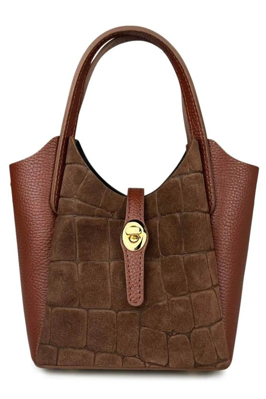 Bolso mini shopper de piel marrón con efecto croco y asa corta de CHICA del Sur