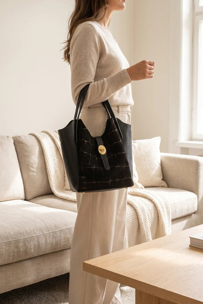 Mujer con bolso mini shopper de piel con estampado croco negro de CHICA del Sur