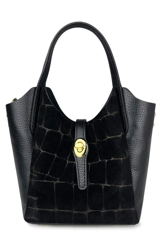 Bolso mini shopper negro de piel con estampado croco y cierre dorado de CHICA del Sur