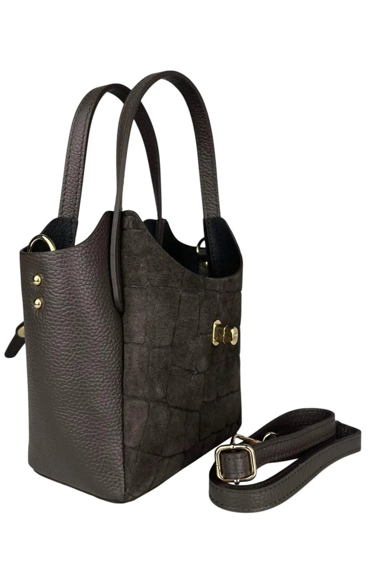 Bolso mini shopper de piel marrón oscuro de CHICA del Sur con asa corta y correa ajustable