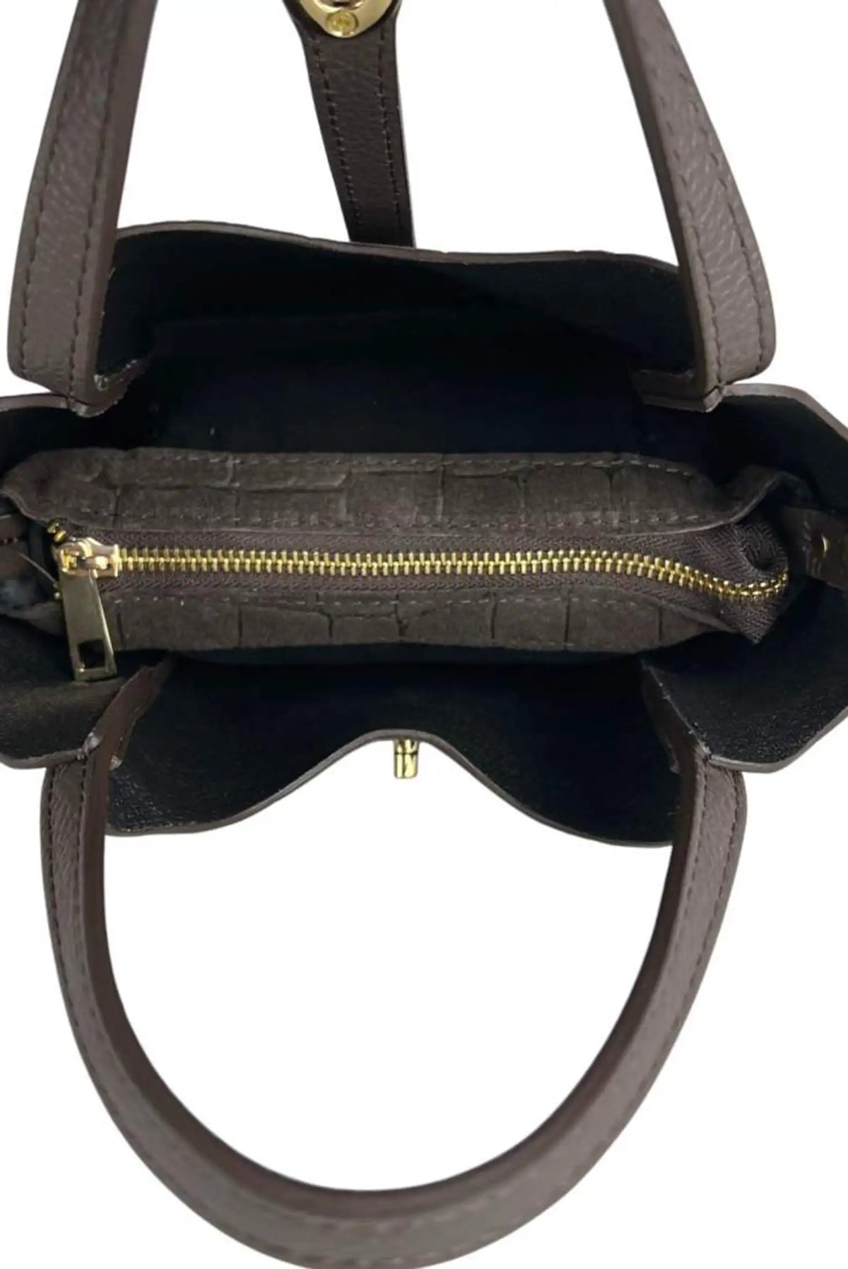 Interior de bolso mini shopper de piel marrón con estampado croco y bolsillo con cremallera