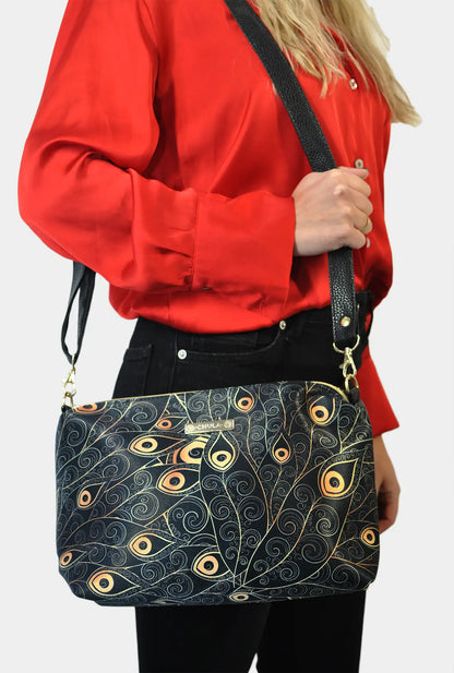 Bolso mujer Bandolera Mediano Suzy estampado negro y dorado Peacock Golden | CHULA Tulum