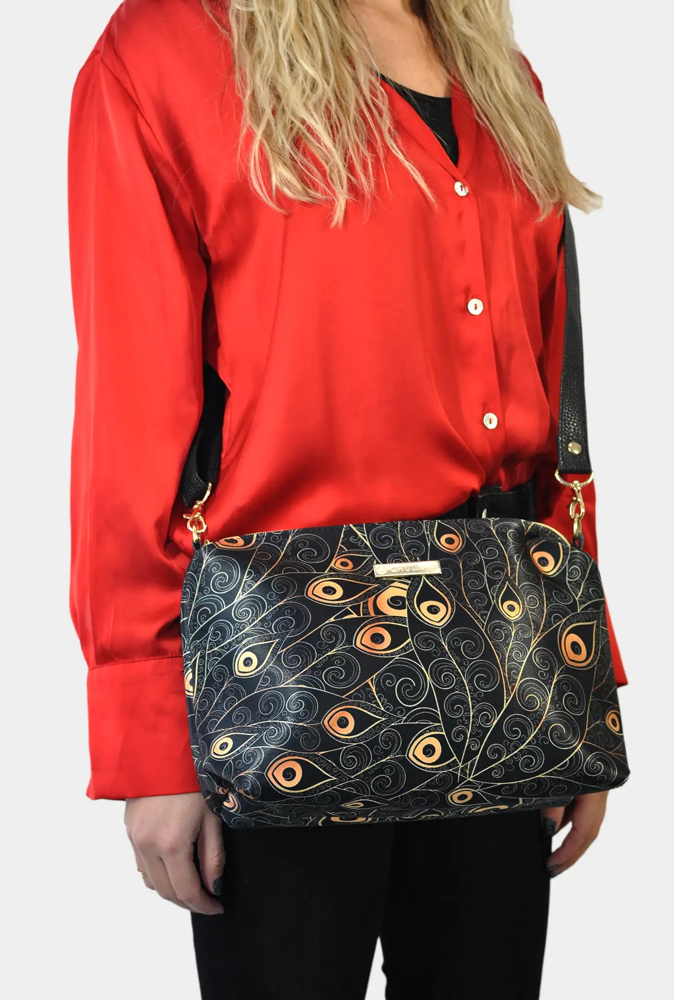 Bolso mujer Bandolera Mediano Suzy estampado negro y dorado Peacock Golden | CHULA Tulum