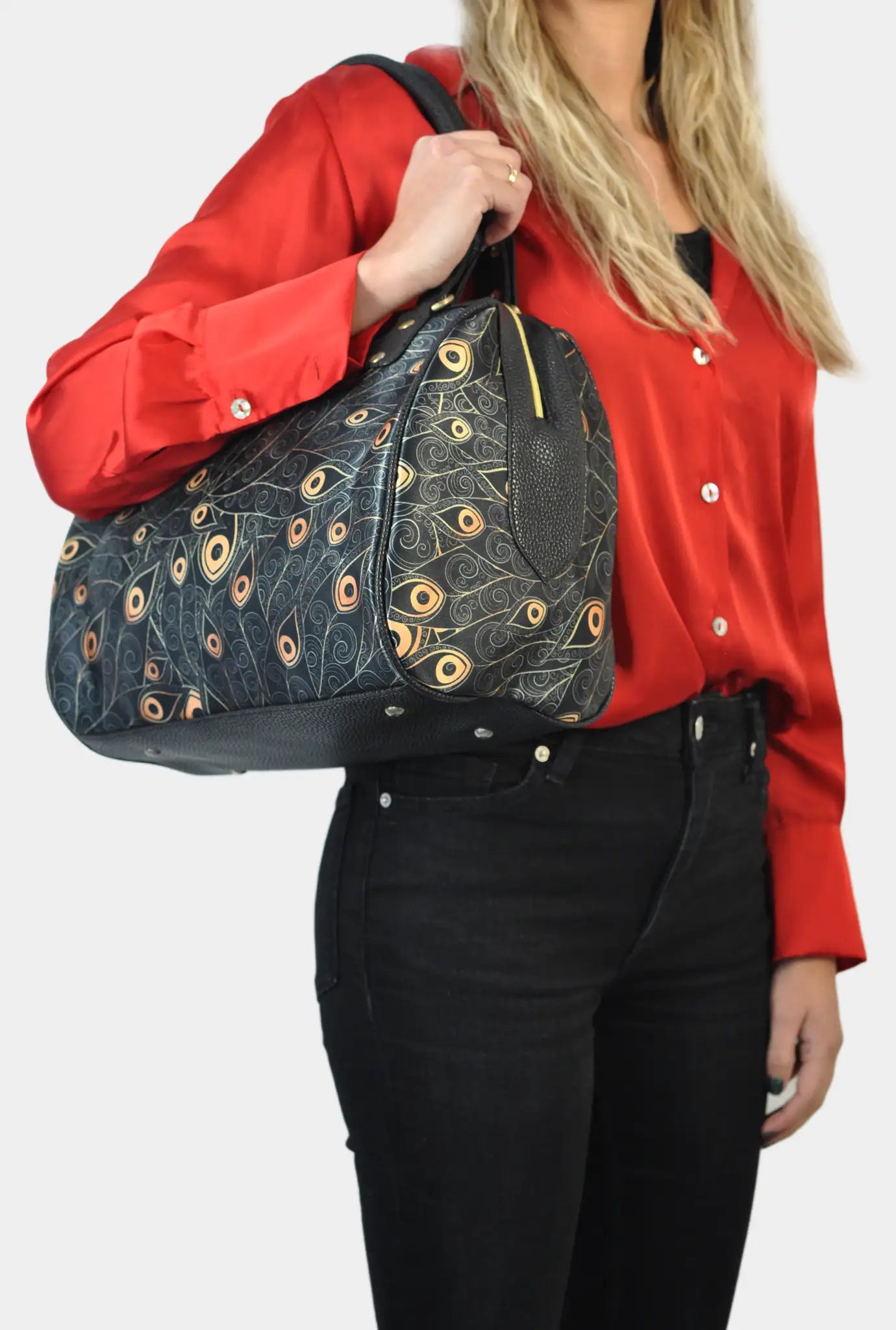 Bolso de mujer estampado de hombro mediano Celia Peacock Golden | CHULA Tulum