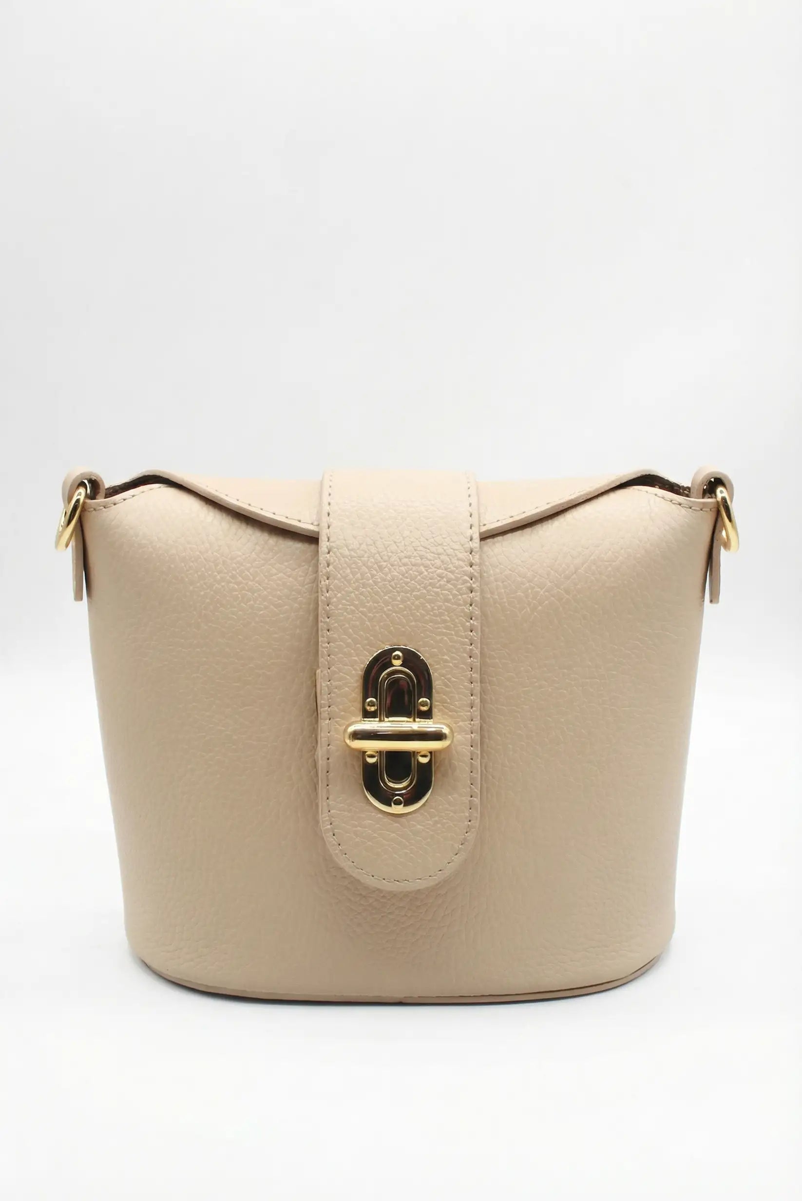 Bolso bandolera mediano beige para mujer con cierre metálico dorado, estilo casual