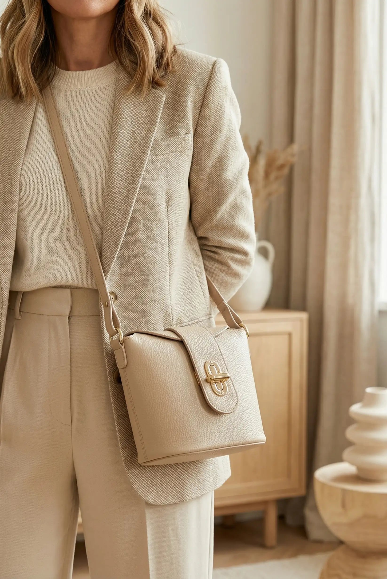 Bolso bandolera beige mediano de mujer, estilo casual ideal para primavera, con cierre metálico dorado.