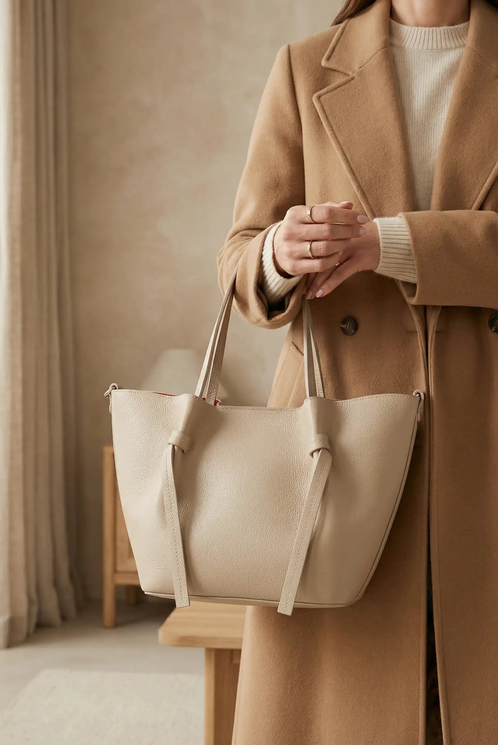 Bolso mediano de mujer en color beige, piel, de mano, estilo elegante y casual.