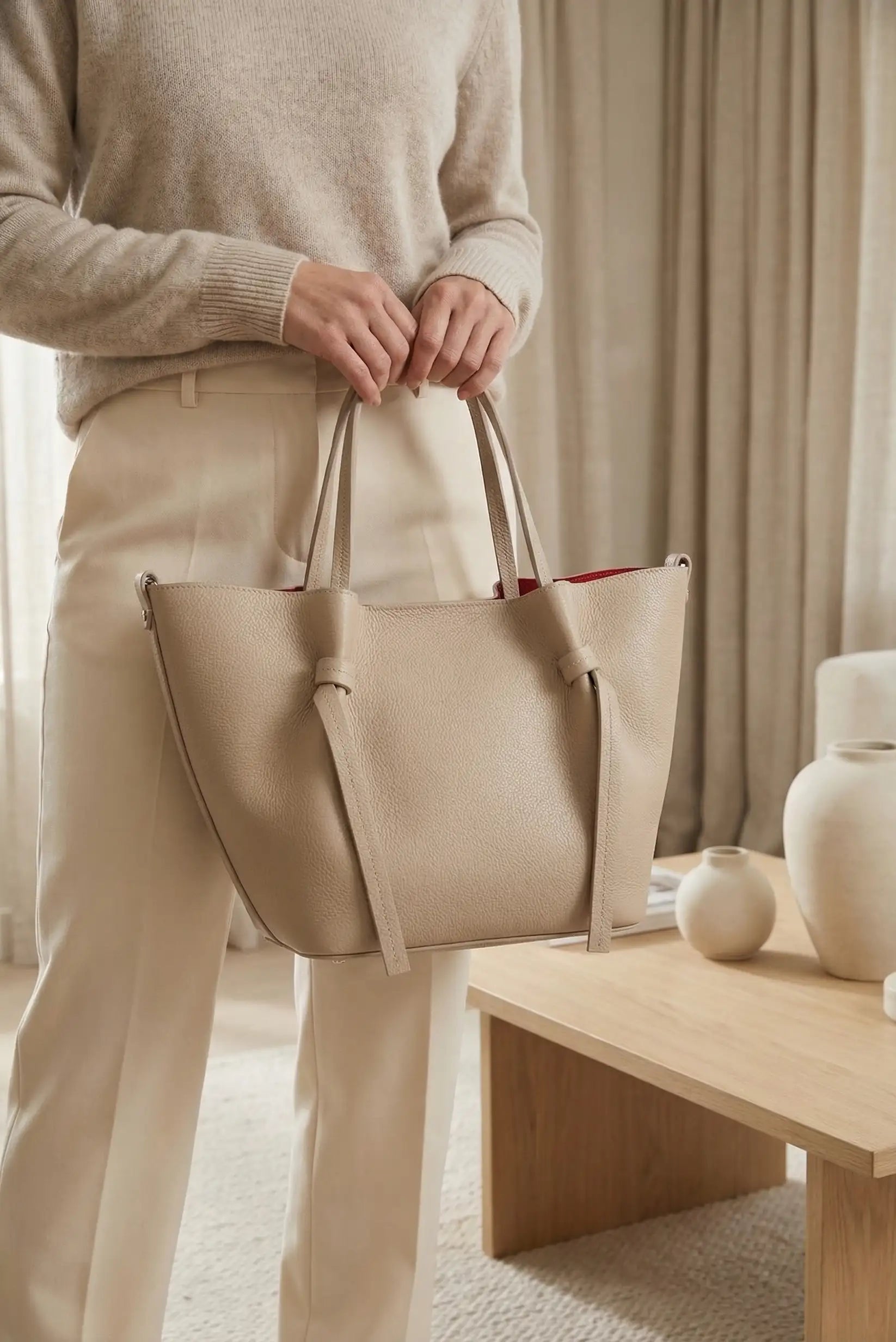 Bolso de mano mediano beige de piel para mujer, con asas largas, estilo casual elegante.