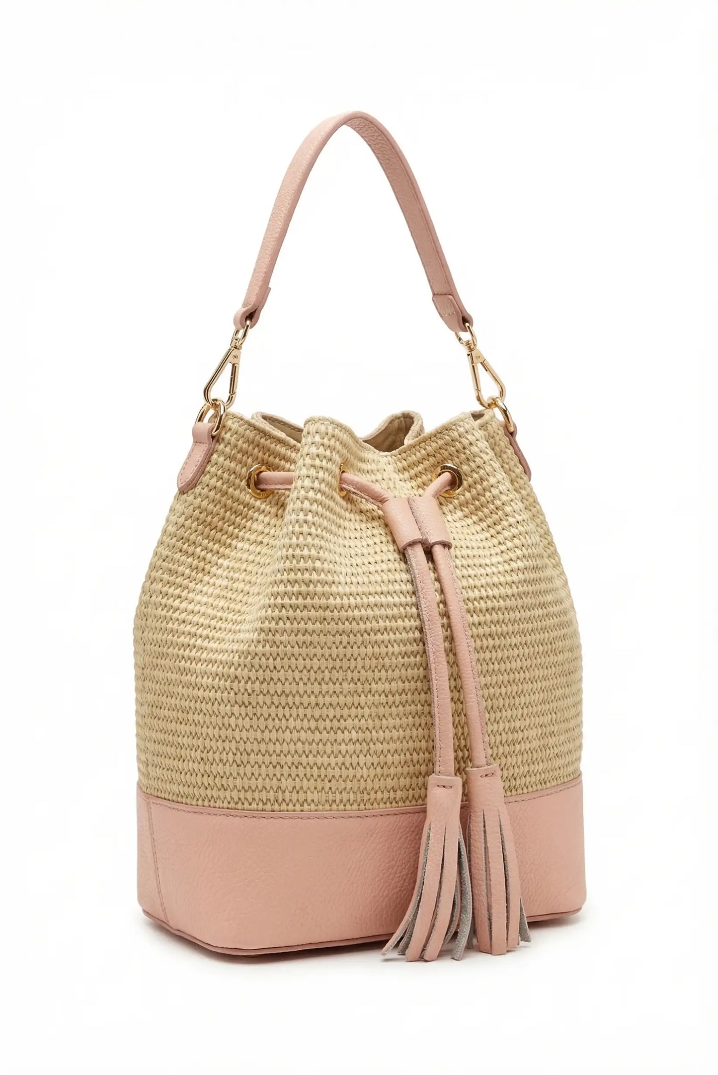Bolso saco de rafia para mujer con detalles de piel rosa y asa corta, estilo casual