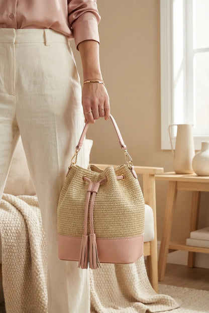 Bolso saco de rafia beige con detalles de piel rosa, asa corta y borlas, estilo casual mujer.