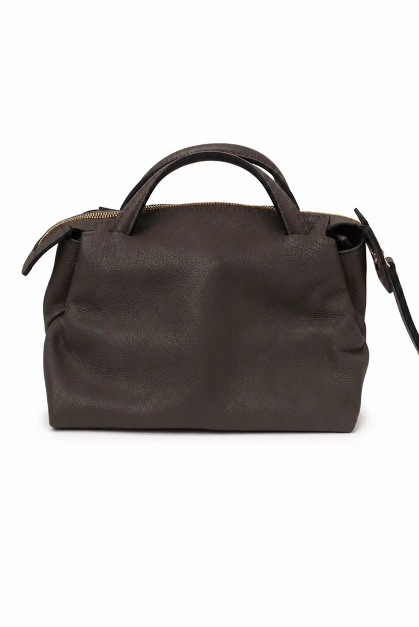 Bolso de mano de piel gris oscuro con asa superior y cierre de cremallera