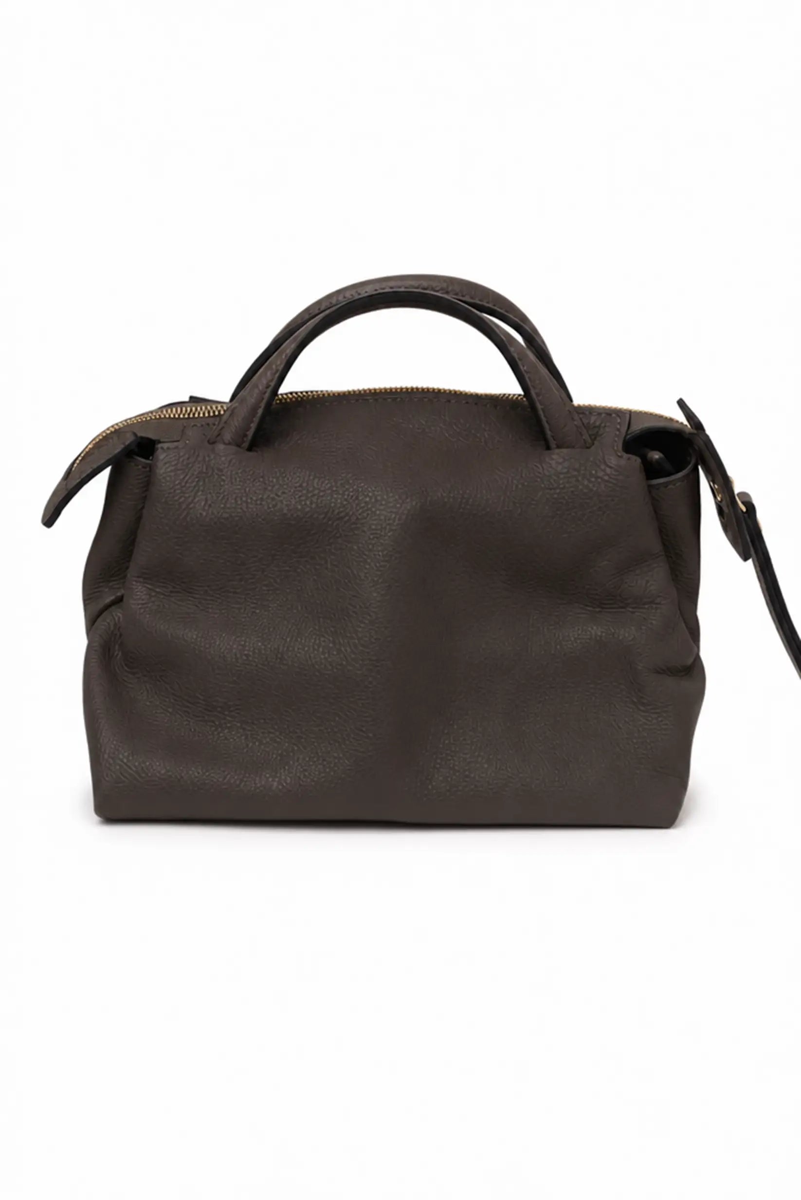 Bolso de mano de piel gris oscuro con asa superior y cierre de cremallera