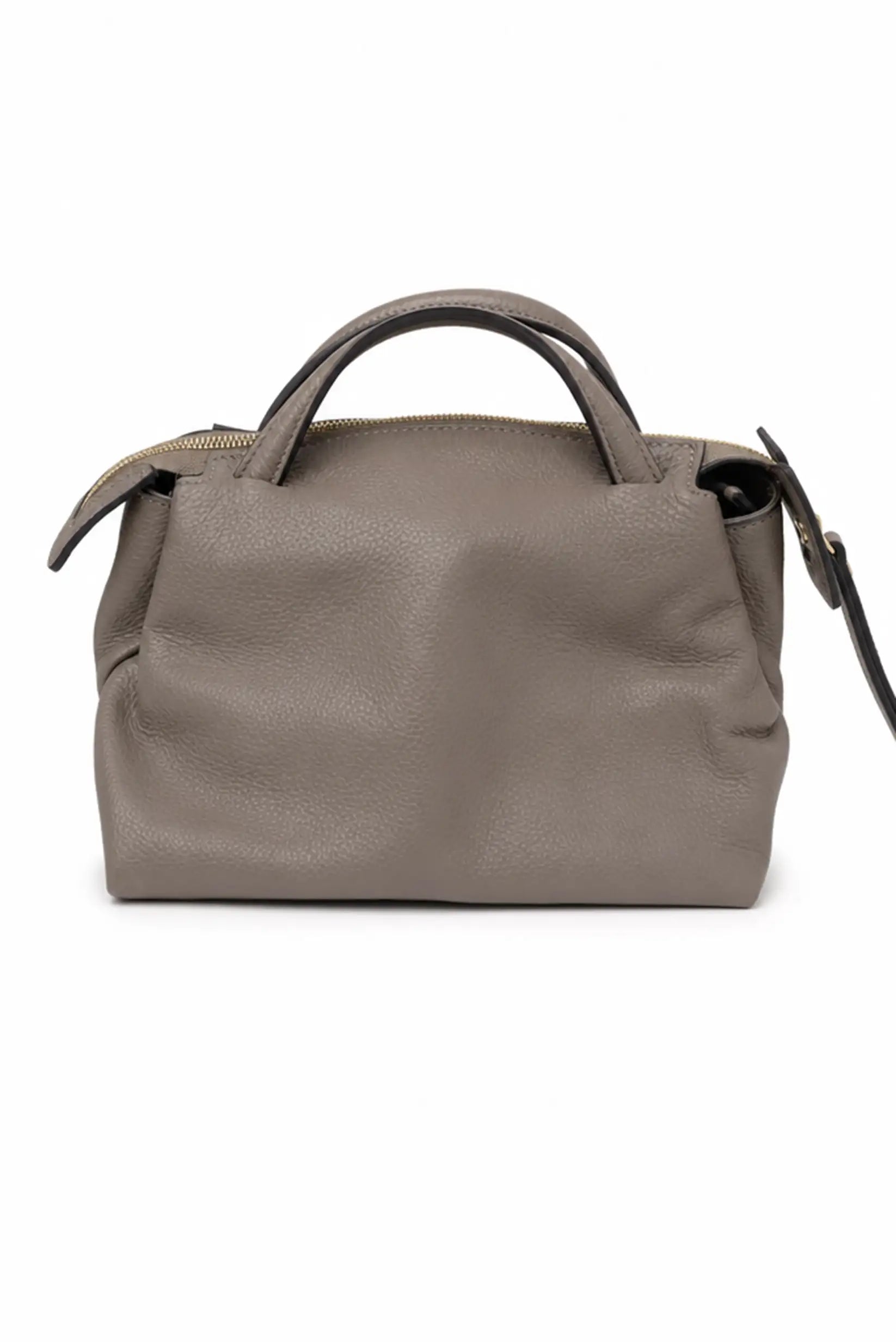 Bolso de mano de piel granulada en color gris topo con asas cortas