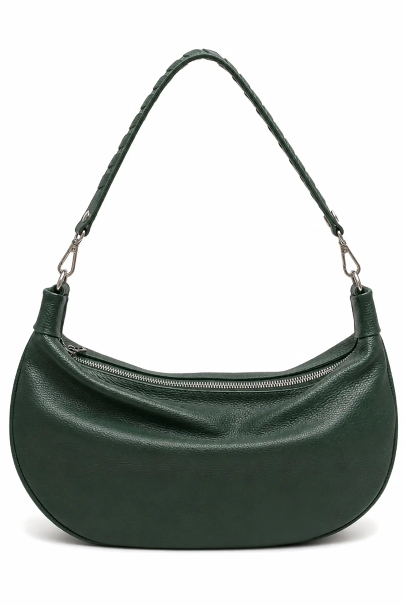 Bolso de hombro en cuero verde oscuro con cierre de cremallera y asa ajustable