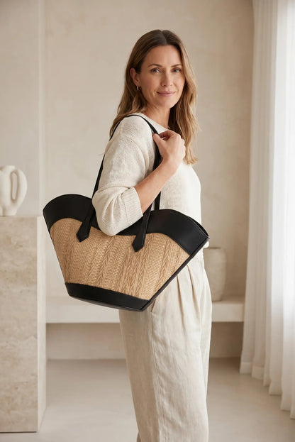 Bolso grande de hombro rafia con piel