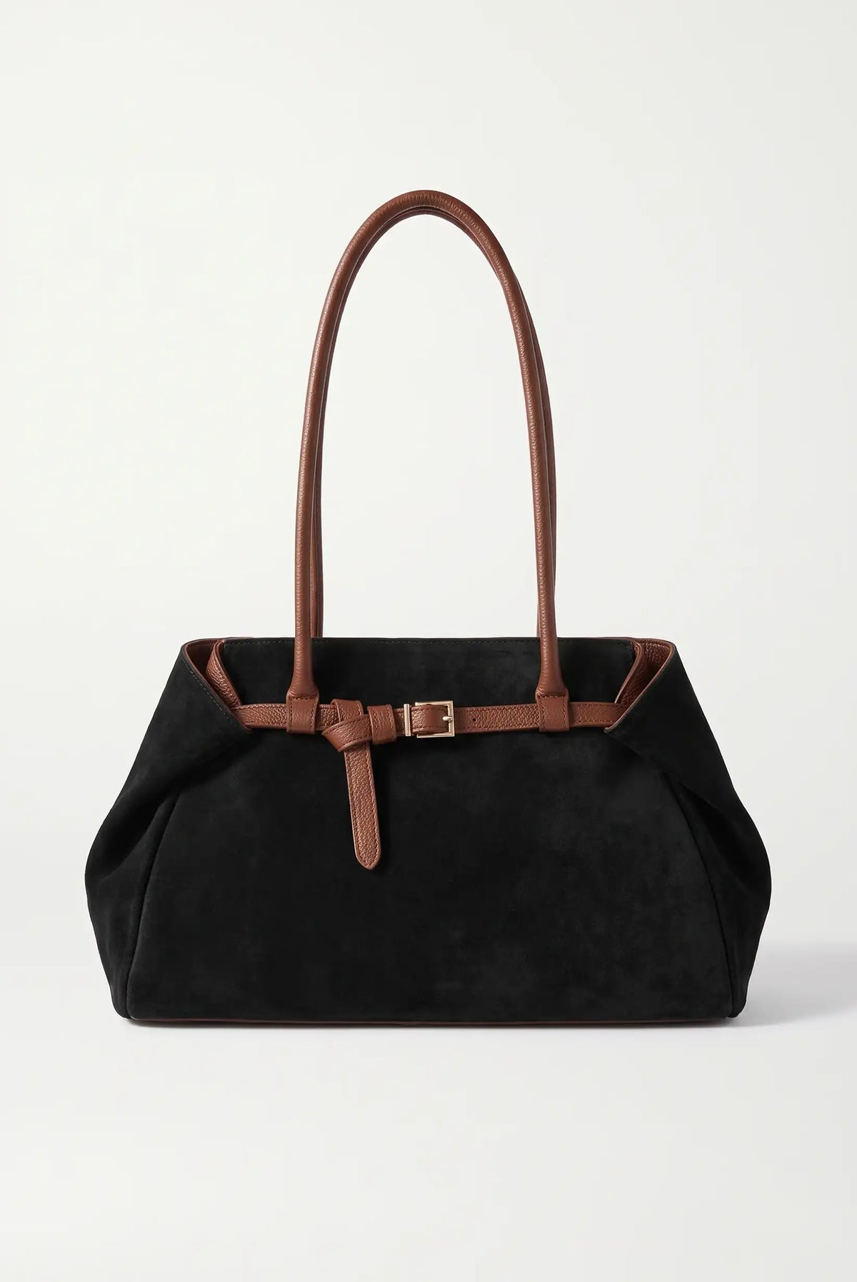 Bolso shopper de ante negro con asas y detalles en cuero marrón de CHICA del Sur