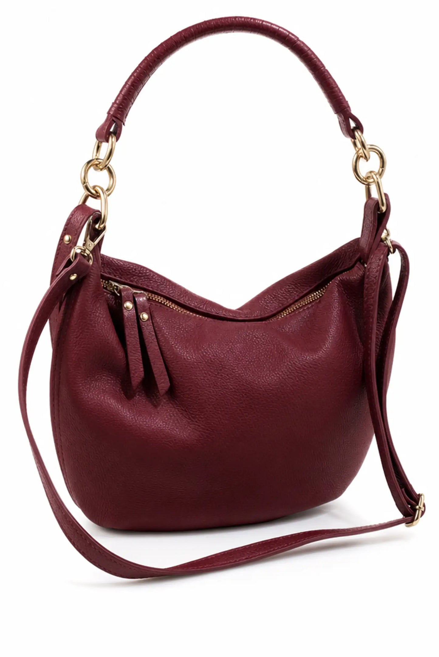 Bolso de hombro de piel en color burdeos con asa corta y correa larga ajustable