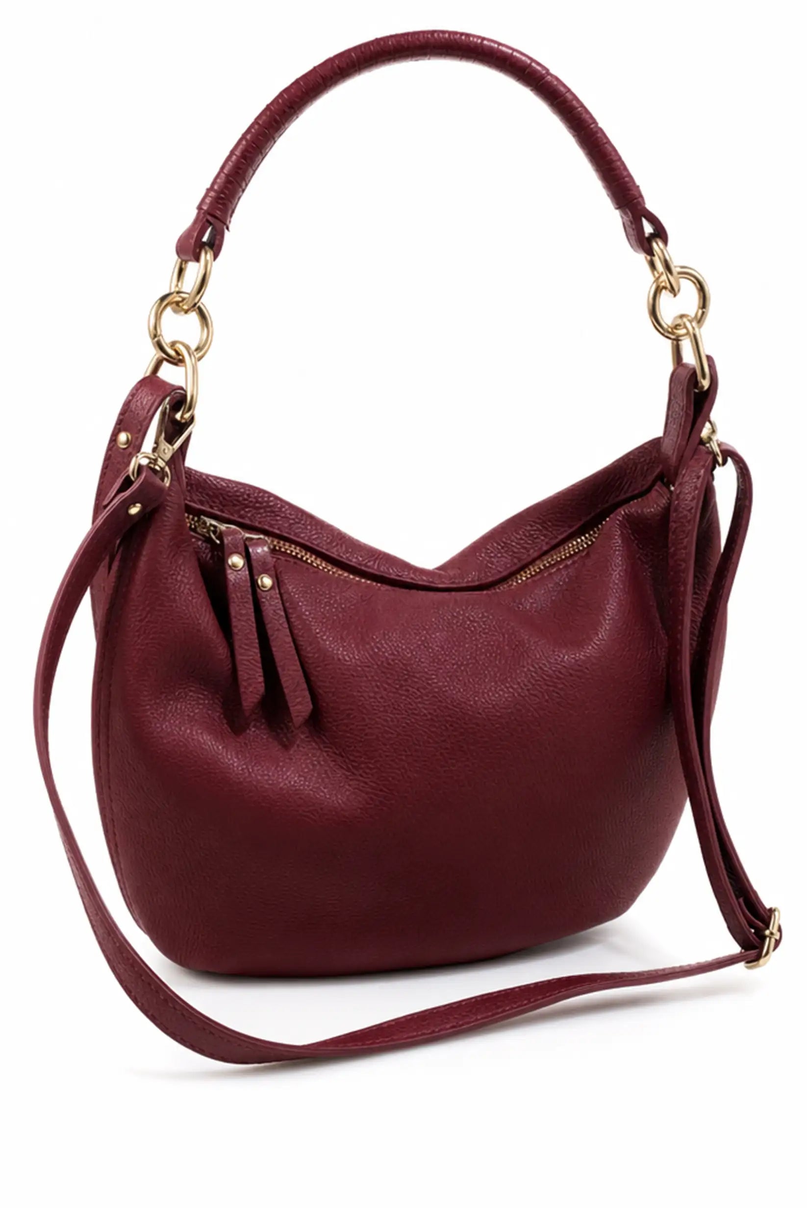 Bolso de hombro de piel en color burdeos con asa corta y correa larga ajustable