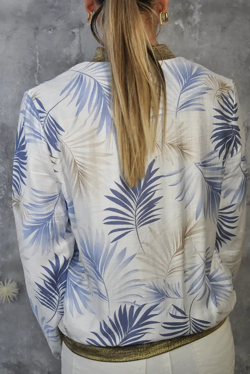 Blouson aviateur printanier à imprimé floral bleu et détails dorés – léger et élégant