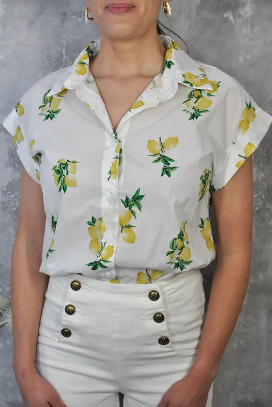 Camisa blanca con estampado de limones | Manga corta mujer 100% algodón - CHICA del Sur