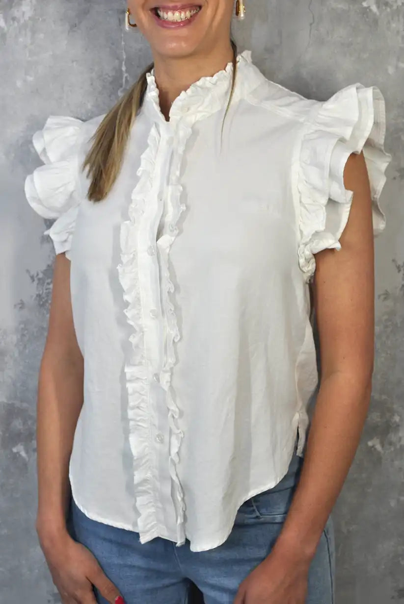 Camisa blanca con volantes y cuello mao – manga corta 100% algodón - CHICA del Sur
